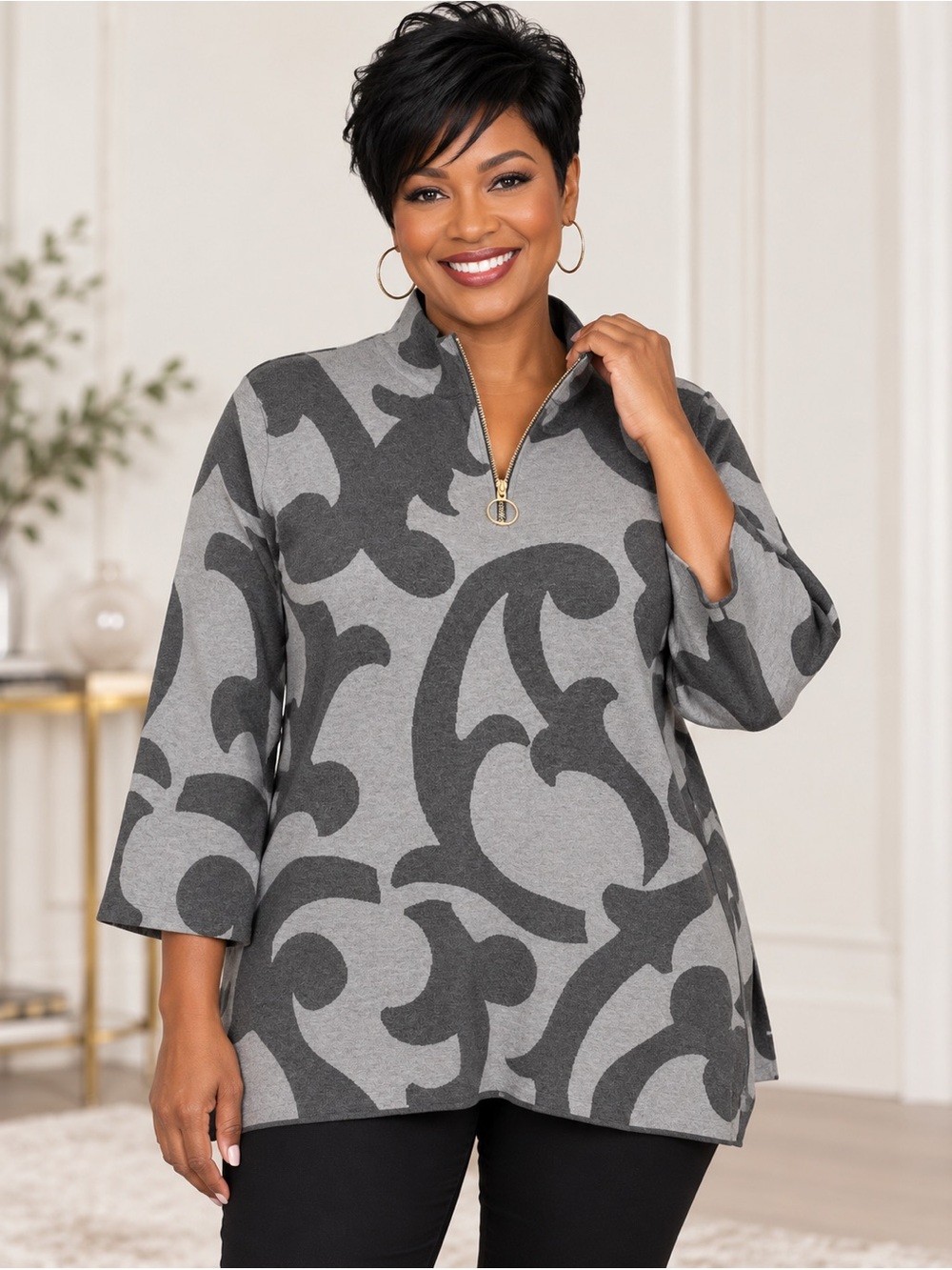 Chico’s Top Size 2 (US L) Gray Baroque Scroll Print Quarter Zip Tunic